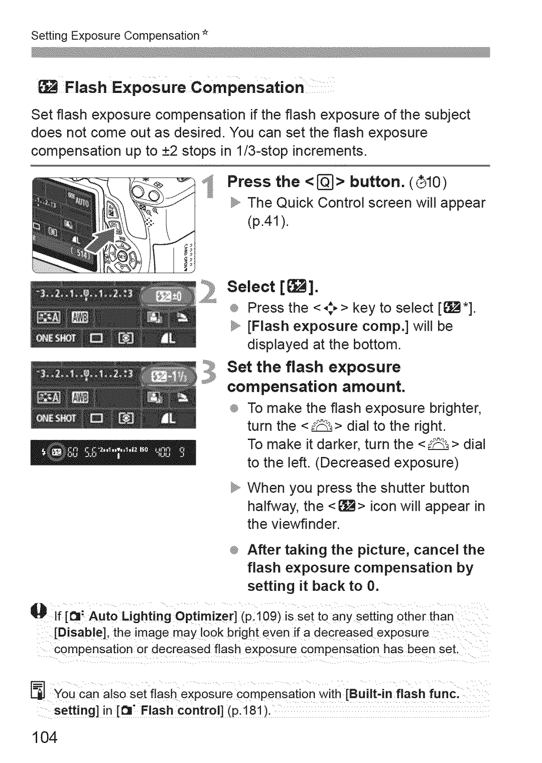 Canon 600D manual 1O4, Flash Exposure Compensation, Set the flash exposure Compensation amount 