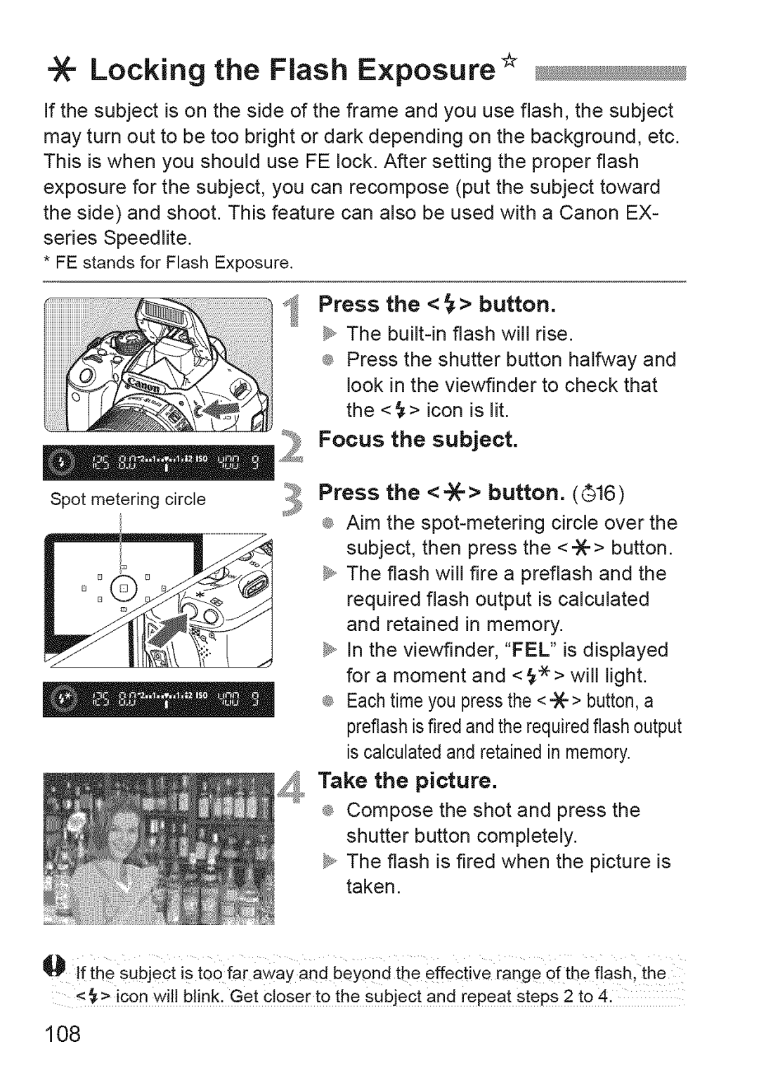 Canon 600D manual =- Locking the Flash E×posure, 108, Press the button, Press the % button 