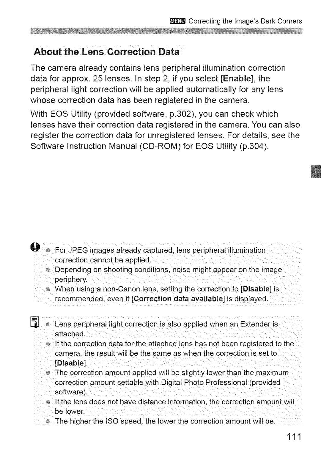 Canon 600D manual About the Lens Correction Data, 111 