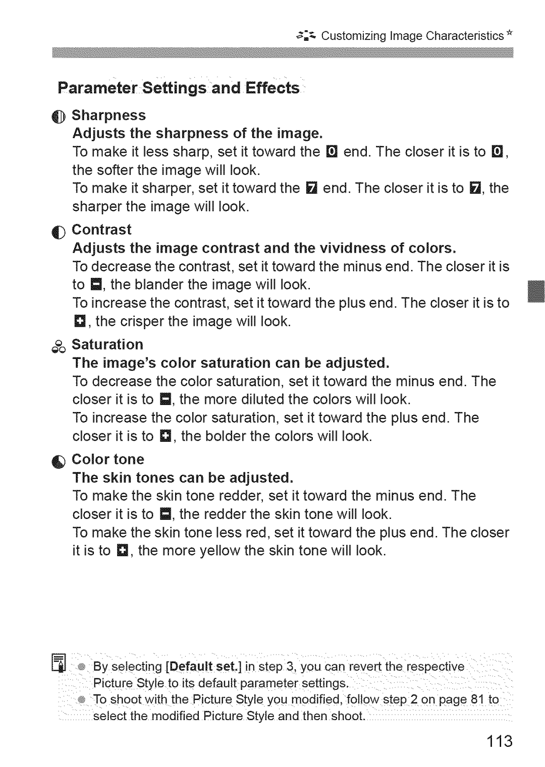 Canon 600D manual 113, Parameter Settings and Effects Sharpness, Saturation 