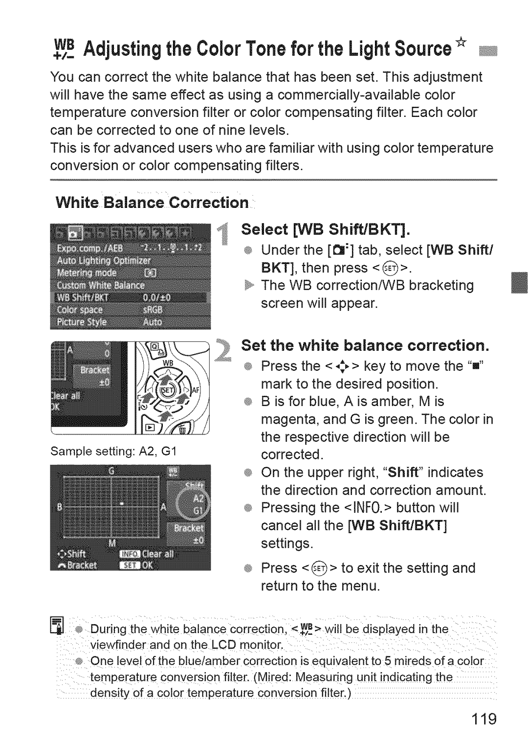 Canon 600D manual WB Adjustingthe Color Tone for the LightSource, White Balance Correction, 119, Select WB Shift/BKT 