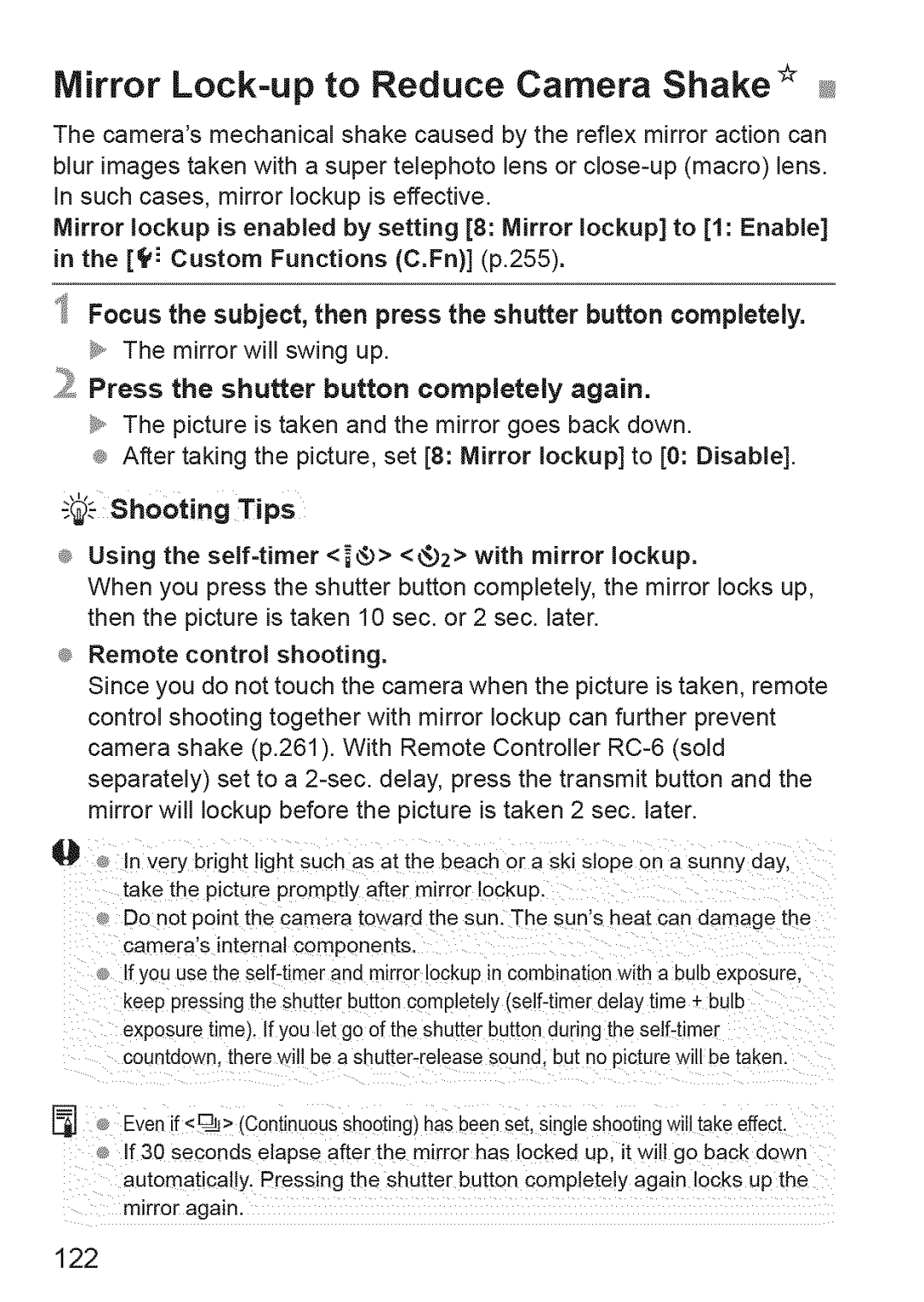 Canon 600D manual Mirror Lock=up to Reduce Camera Shake, 122, Shooting Tips Using the self=timer 2 with mirror Iockup 