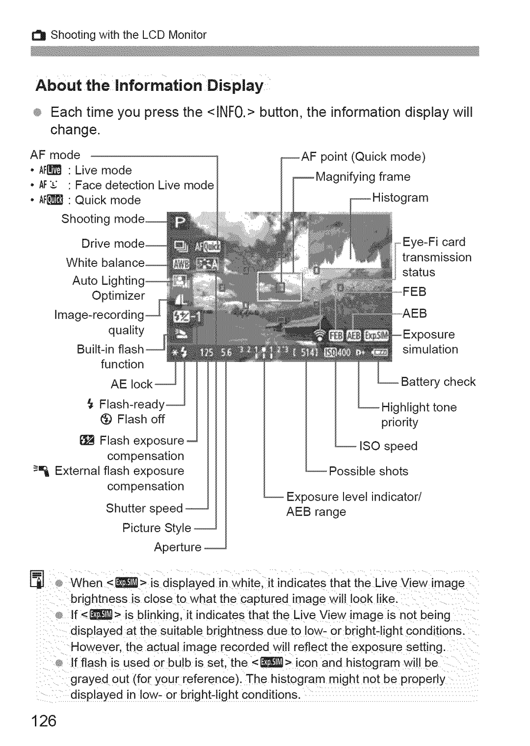 Canon 600D manual About the information Display, 126 