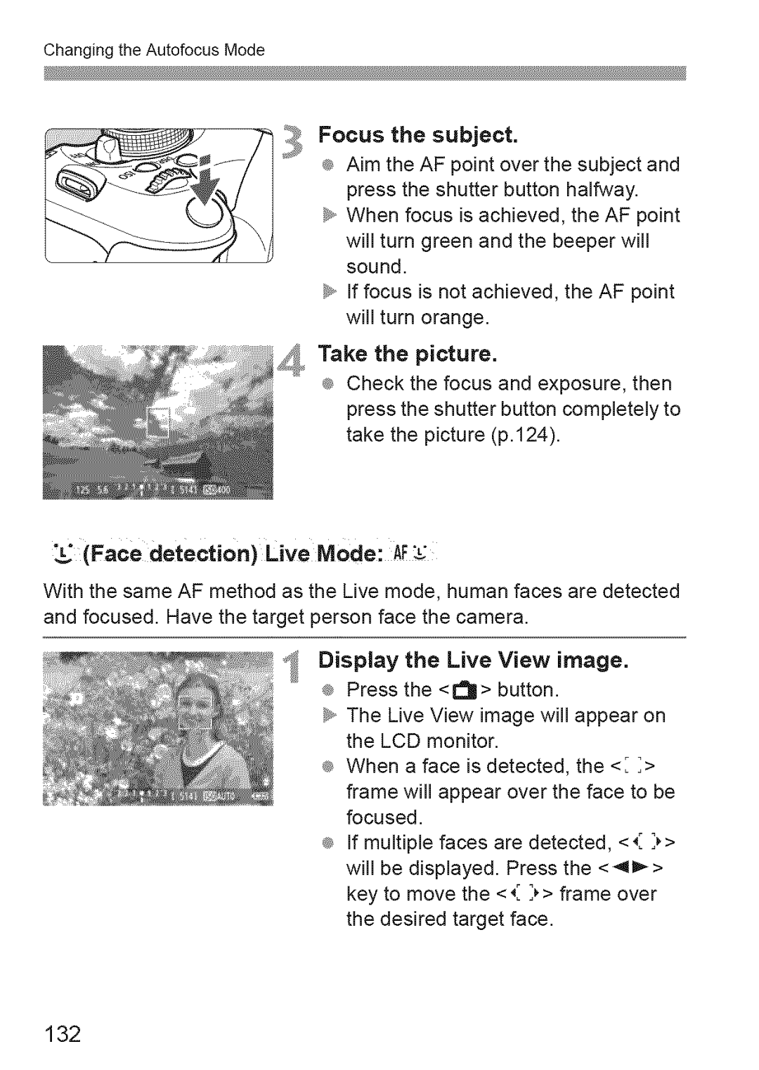 Canon 600D manual 132, Face detection Live Mode AF 