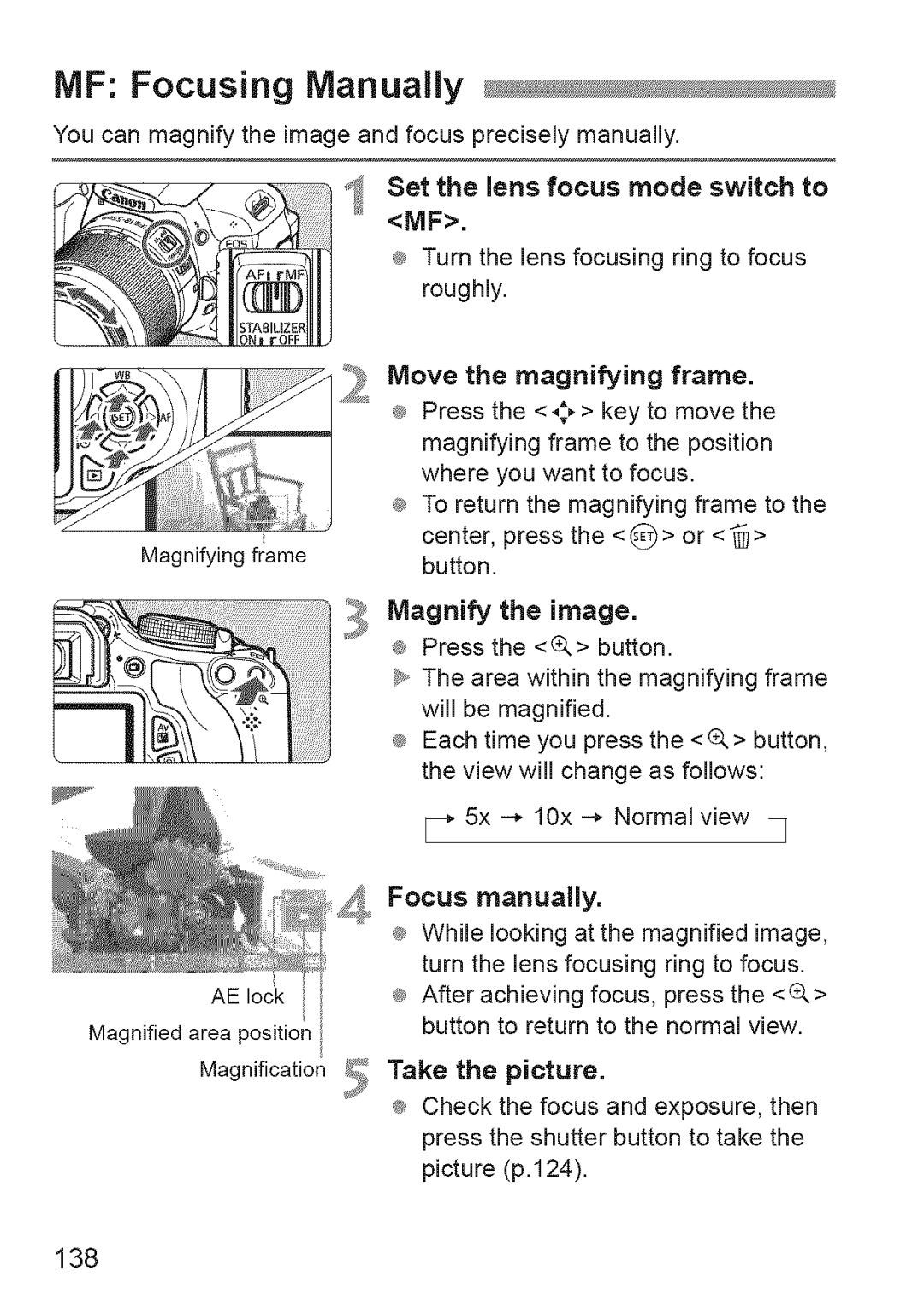 Canon 600D manual MF Focusing Manually, 138, Move Magnifying, Focus Manually, Picture 