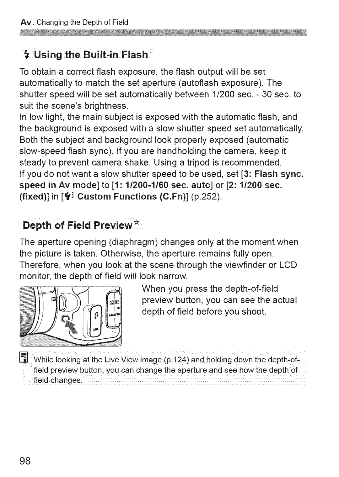 Canon 600D manual Using the Builtin Flash, Depth of Field Preview# 