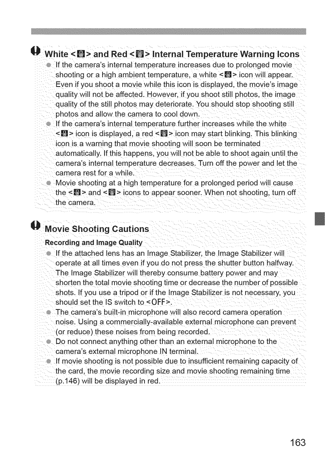 Canon 600D manual 163, Movie Shooting Cautions Recording and image Quality 