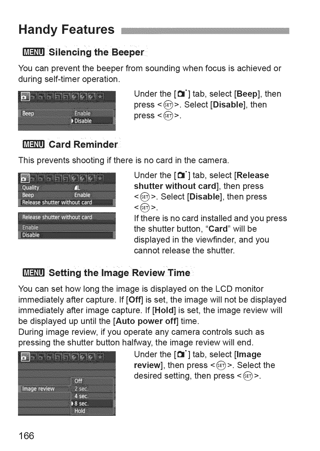 Canon 600D manual Handy Features, #f=8Card Reminder, 166, Silencing the Beeper, Setting the image Review Time 