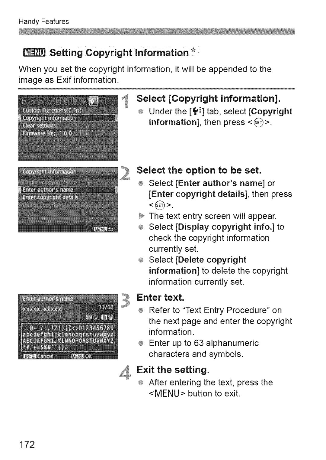 Canon 600D manual 172, Setting Copyright Information, Select the option to be set 