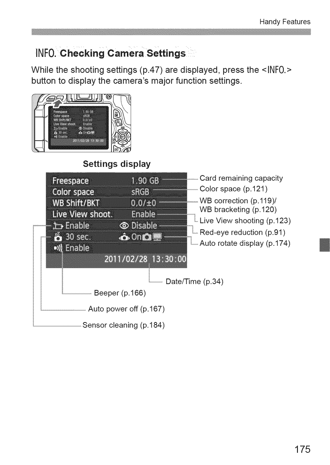 Canon 600D manual 175, Settings display 