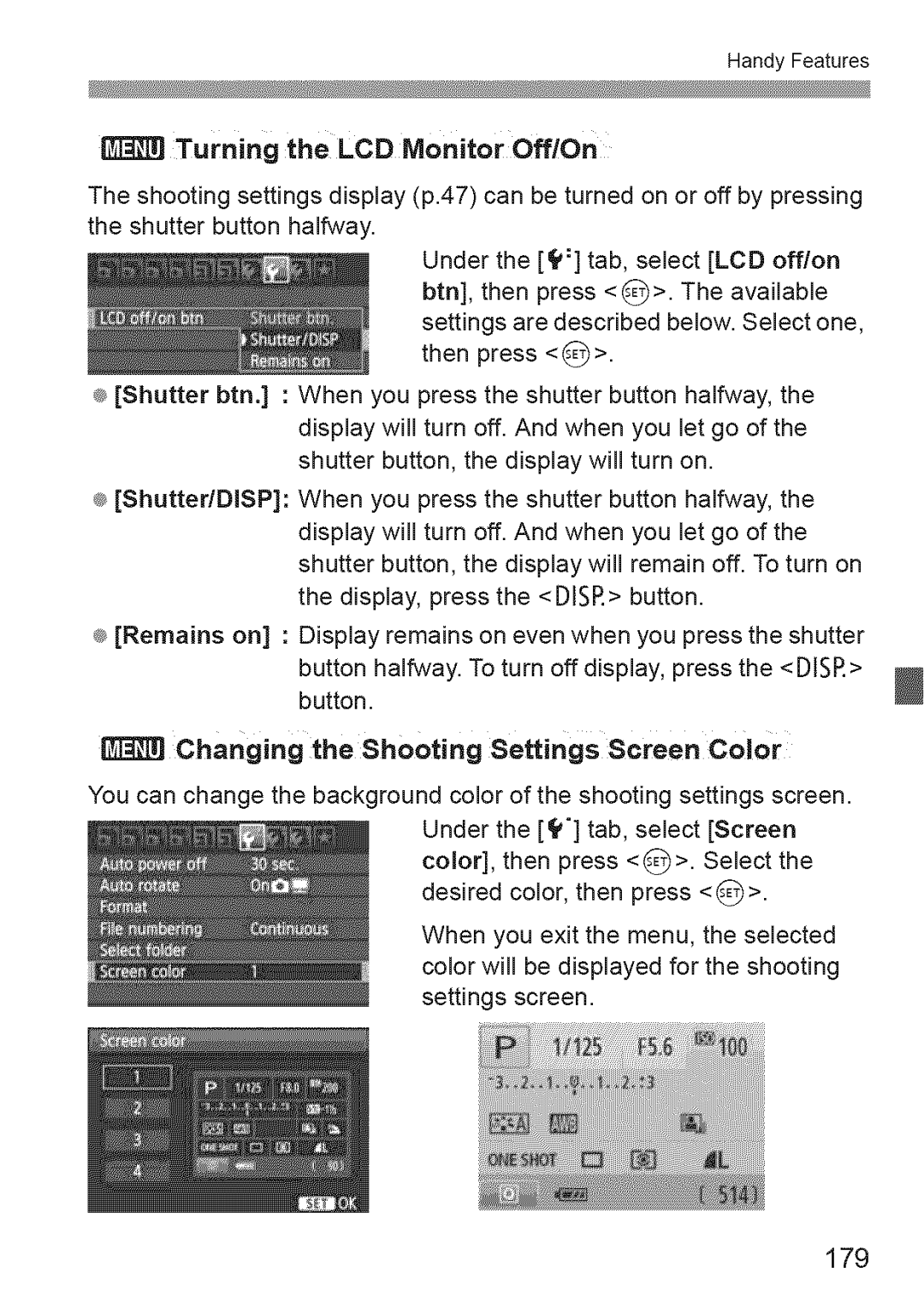 Canon 600D manual 179, Turning the LCD IVlonitor Off/On, Changing the Shooting Settings Screen Color 