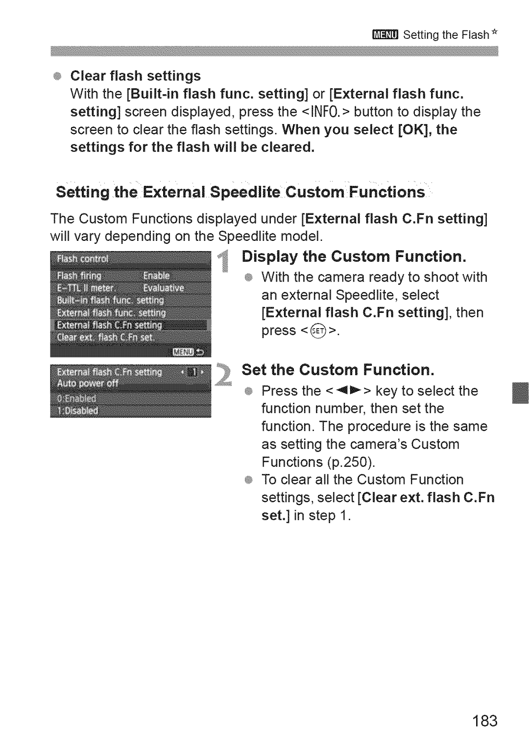 Canon 600D manual 183, Setting the External Speedlite Custom Functions, Display the Custom Function 