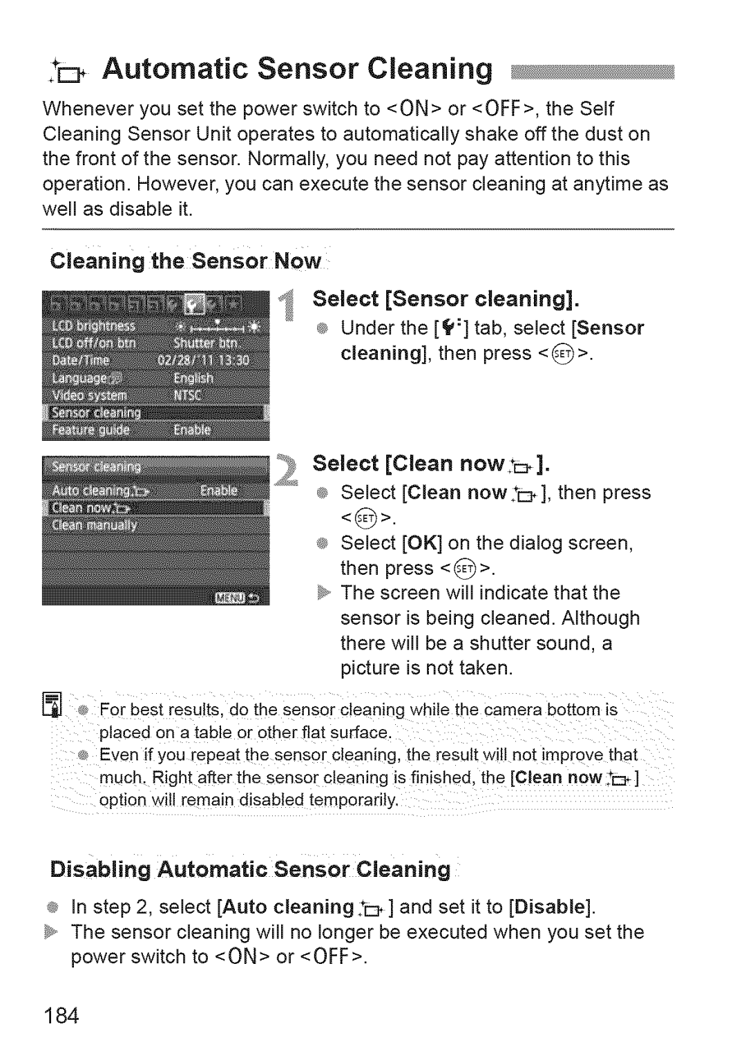 Canon 600D manual Automatic Sensor Cleaning, Cleaning the Sensor Now, Select Sensor cleaning, 184 