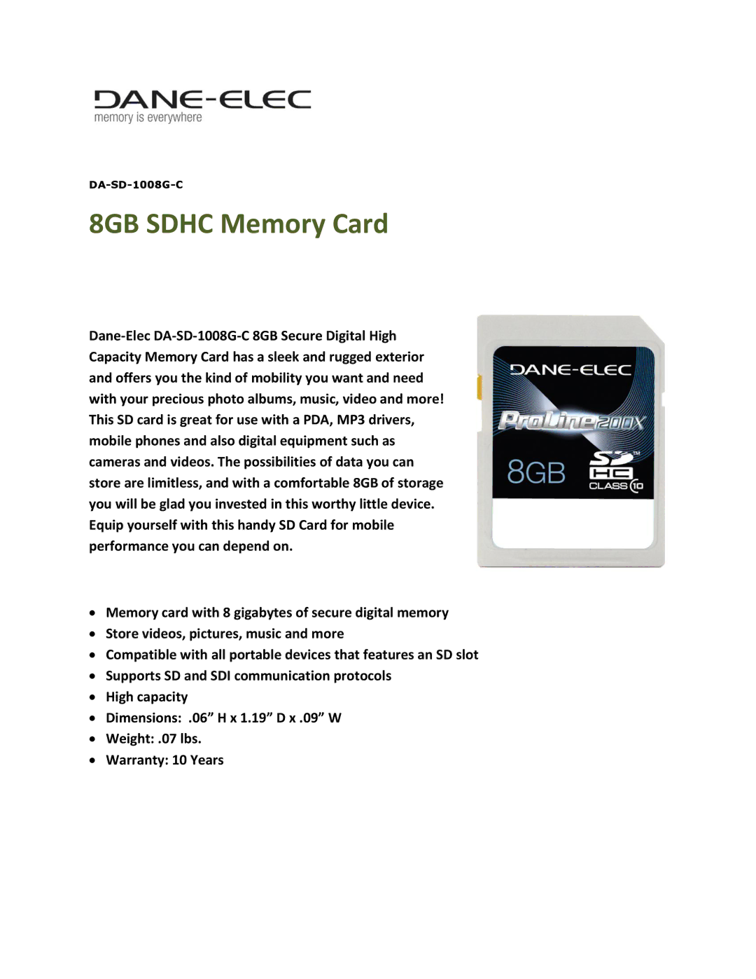 Canon 6045B001 dimensions 8GB Sdhc Memory Card 