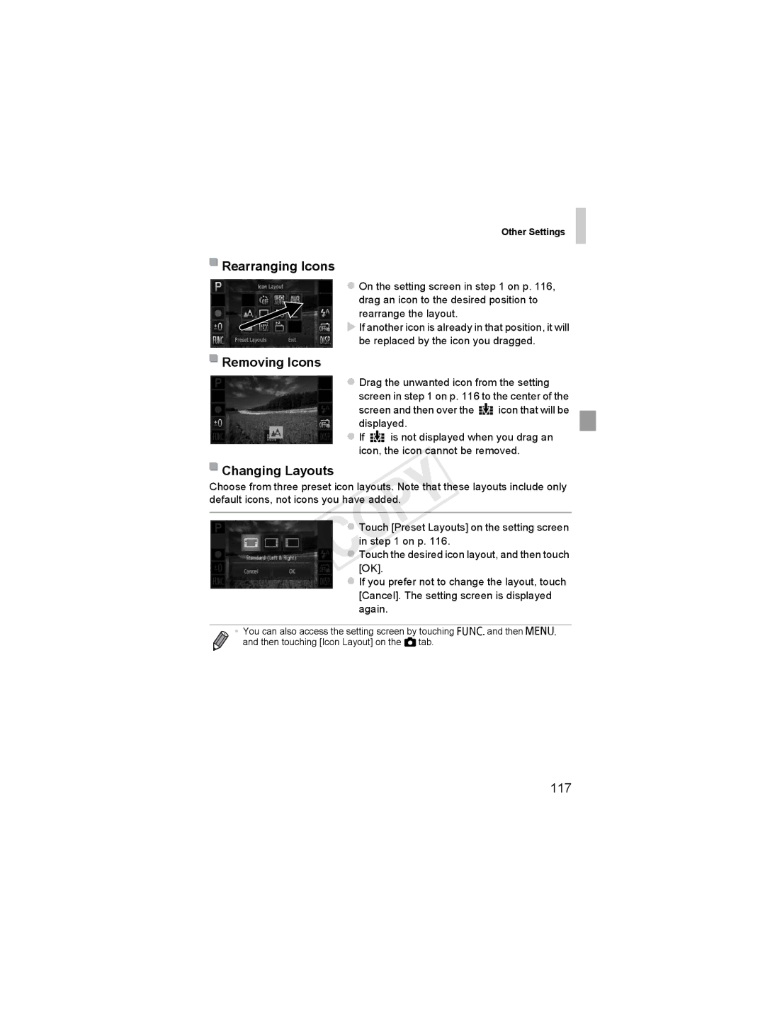 Canon 6051B001, 6048B001 manual Rearranging Icons, Removing Icons, Changing Layouts, 117, Rearrange the layout 