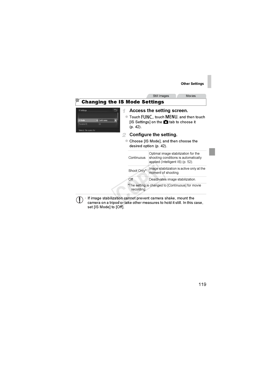 Canon 6051B001, 6048B001 manual Changing the is Mode Settings, 119, Choose is Mode, and then choose the desired option p 