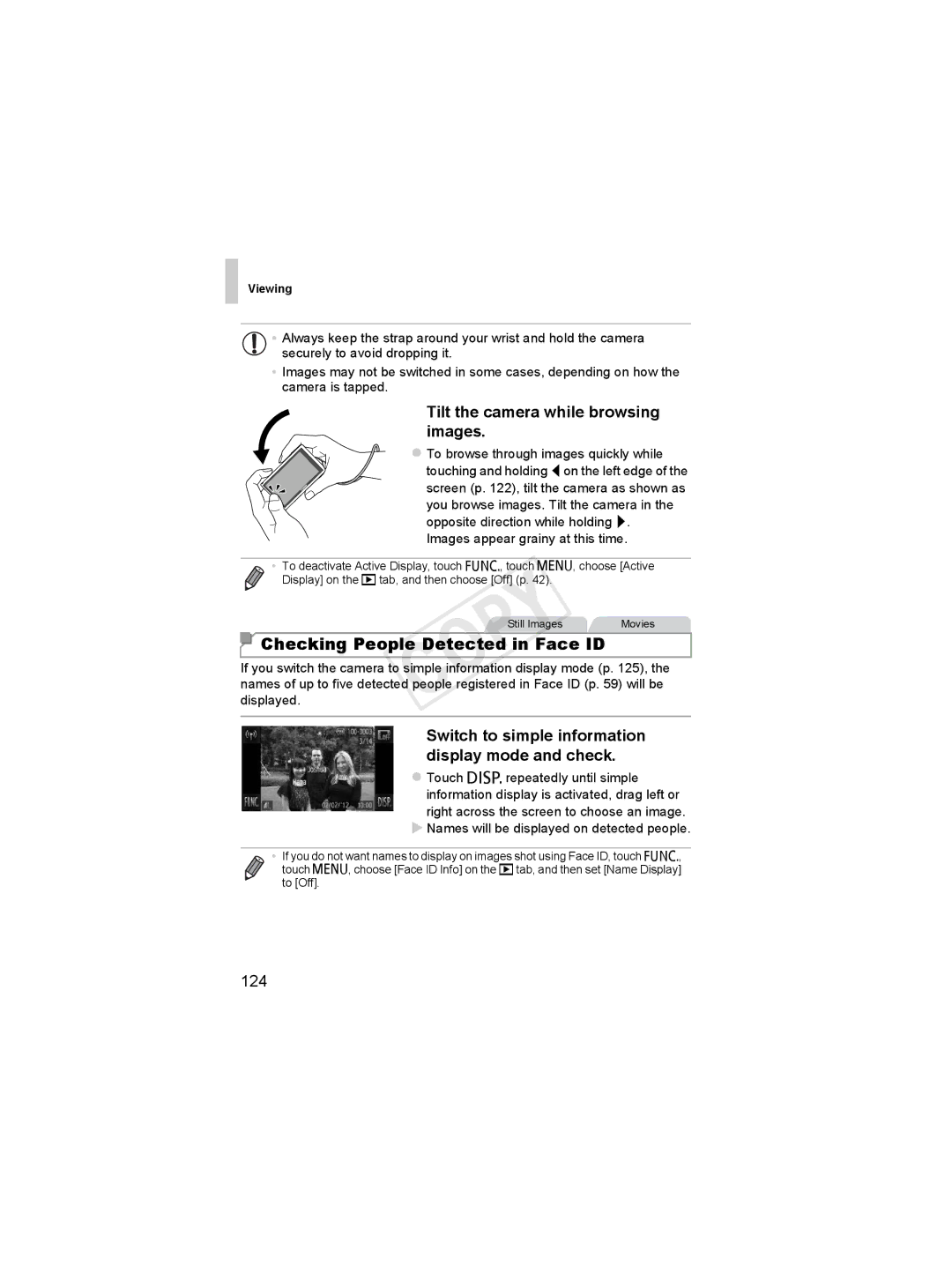 Canon 6048B001, 6051B001 manual Checking People Detected in Face ID, Tilt the camera while browsing images, 124 