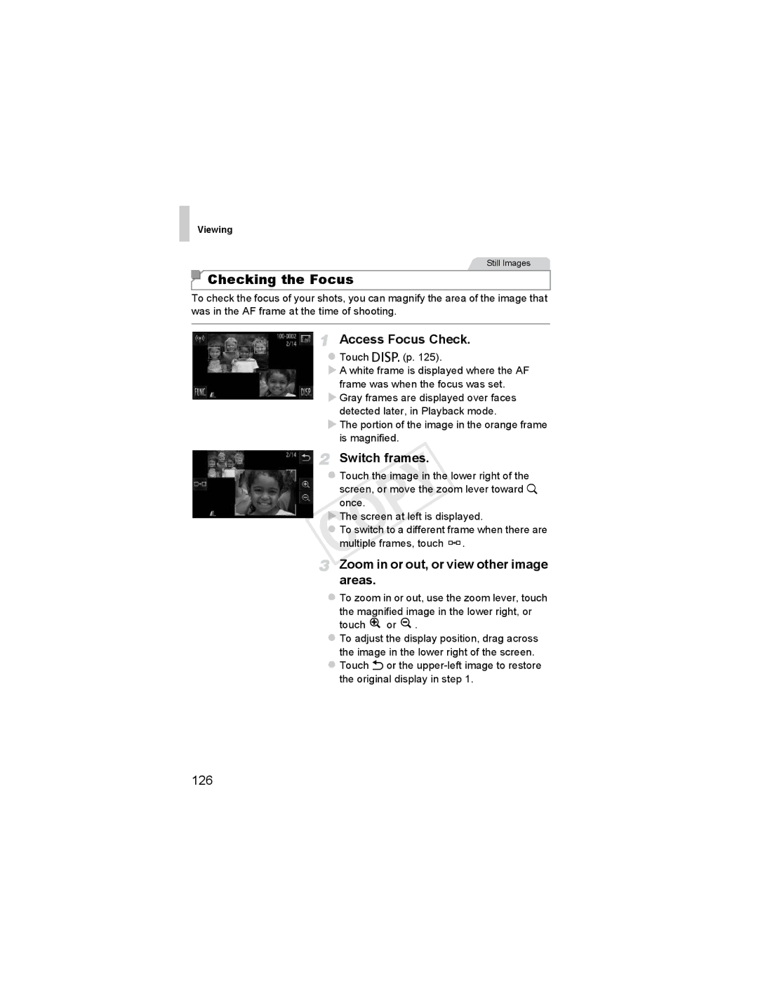 Canon 6048B001 manual Checking the Focus, Access Focus Check, Switch frames, Zoom in or out, or view other image areas, 126 