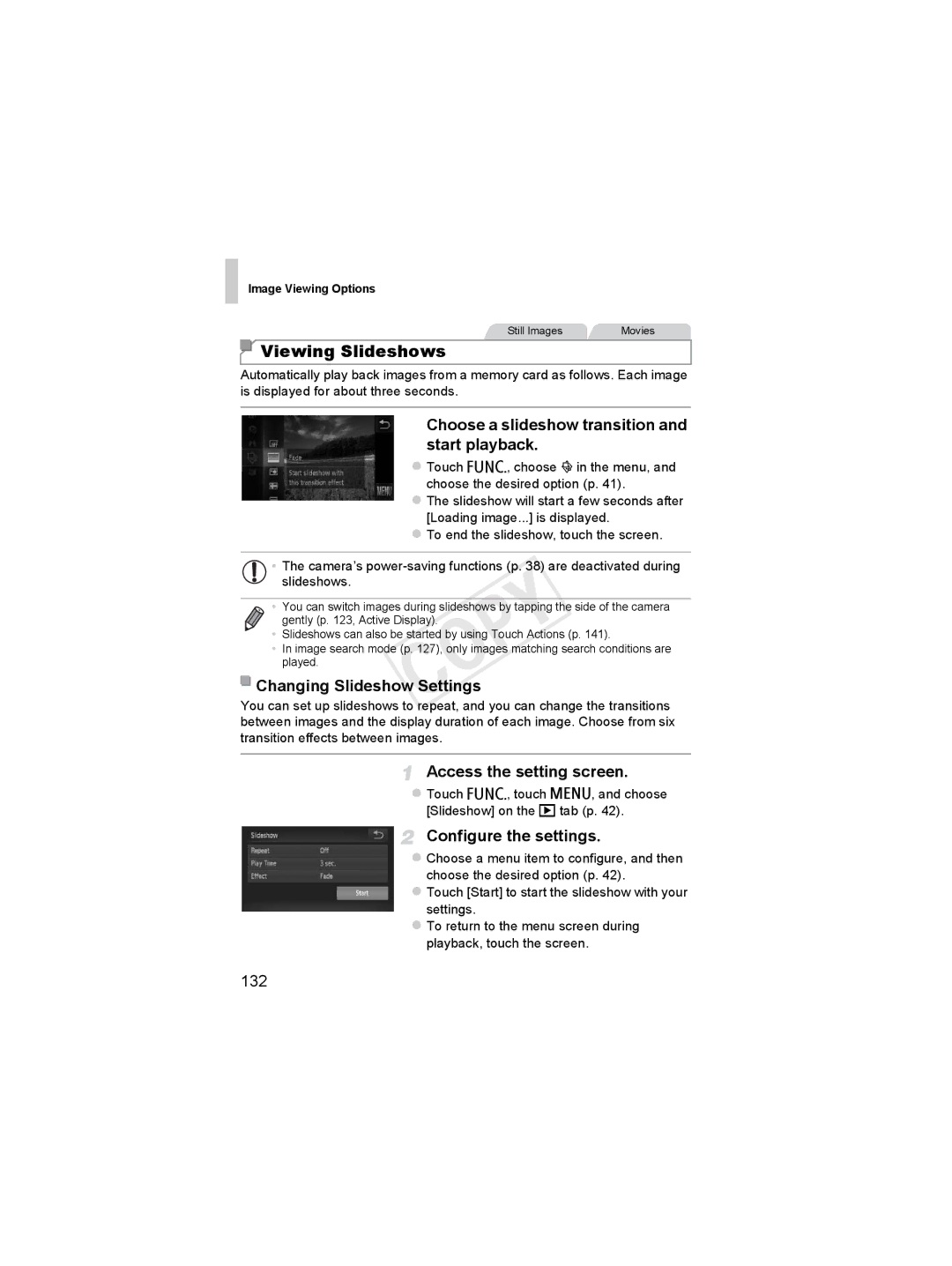 Canon 6048B001 Viewing Slideshows, Choose a slideshow transition and start playback, Changing Slideshow Settings, 132 