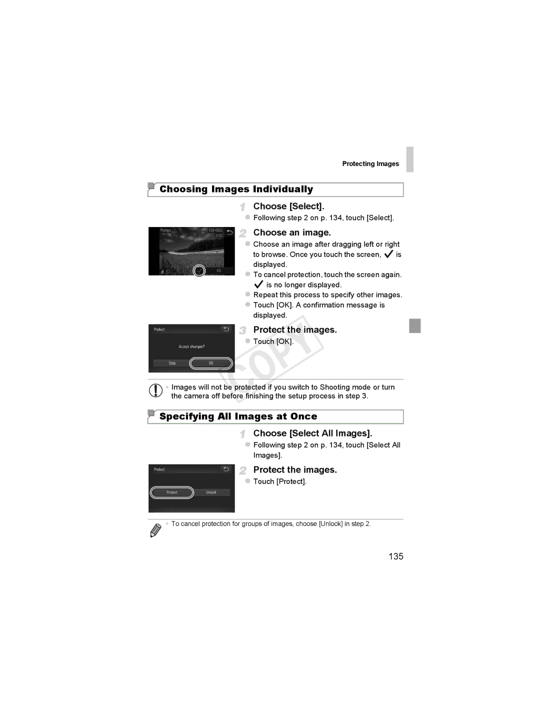 Canon 6051B001, 6048B001 Choosing Images Individually, Specifying All Images at Once, Choose Select, Protect the images 