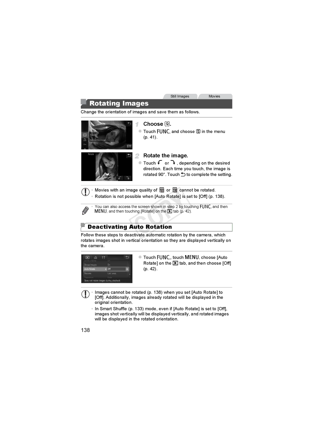 Canon 6048B001, 6051B001 manual Rotating Images, Deactivating Auto Rotation, Choose, Rotate the image, 138 