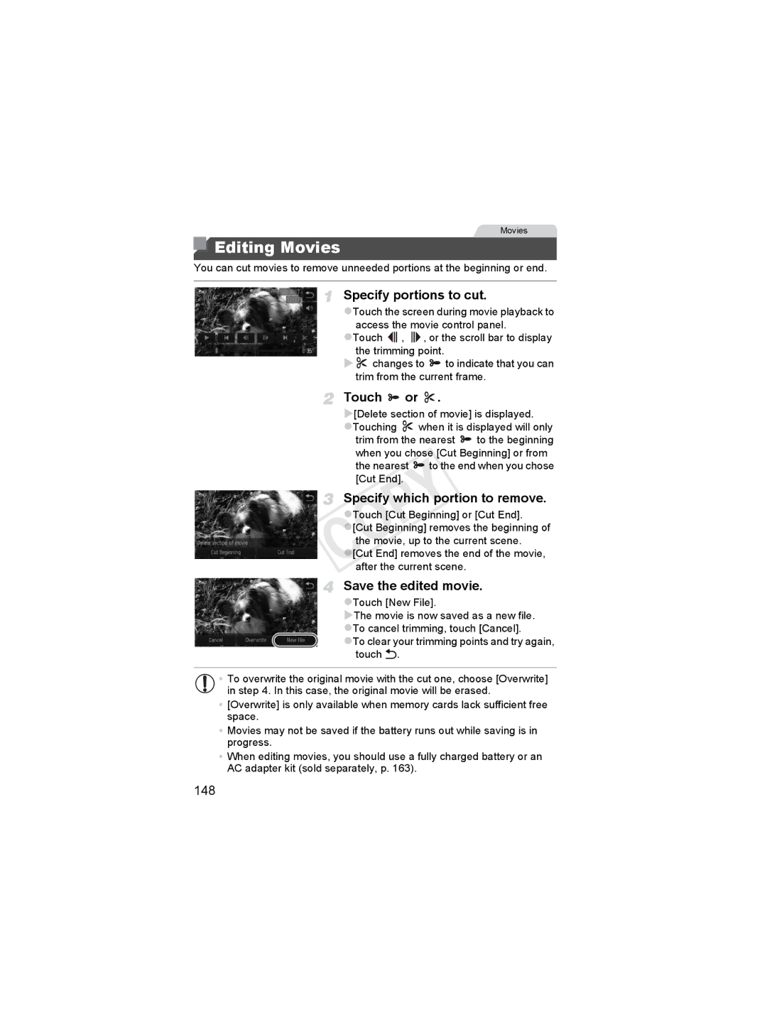 Canon 6048B001 Editing Movies, Specify portions to cut, Touch or, Specify which portion to remove, Save the edited movie 