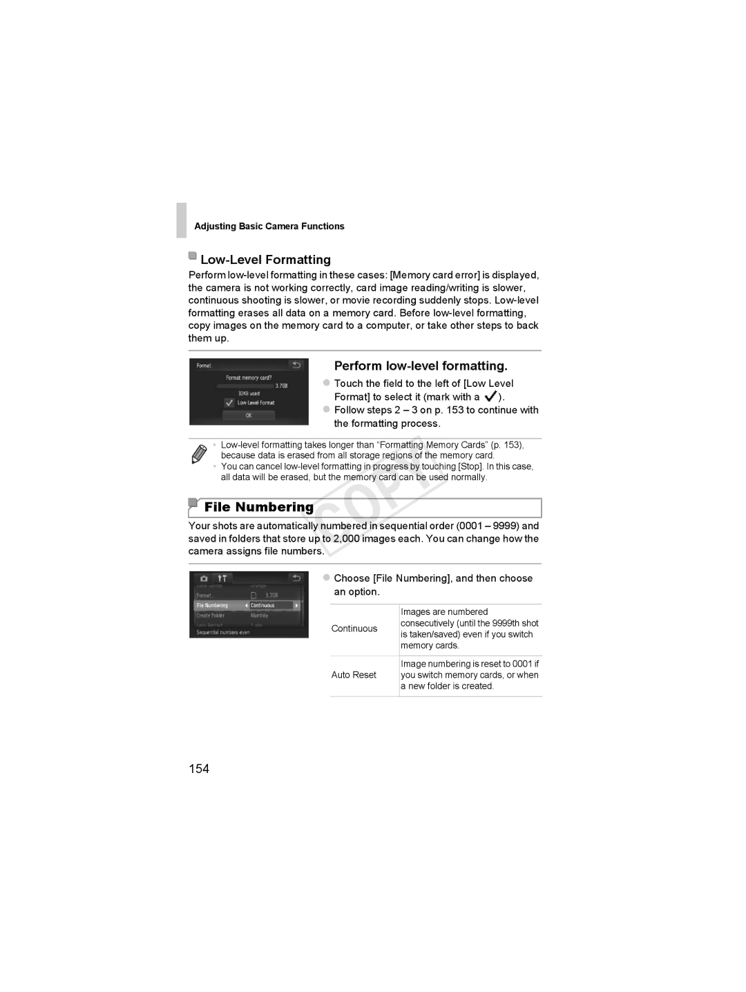 Canon 6048B001, 6051B001 manual File Numbering, Low-Level Formatting, Perform low-level formatting, 154 