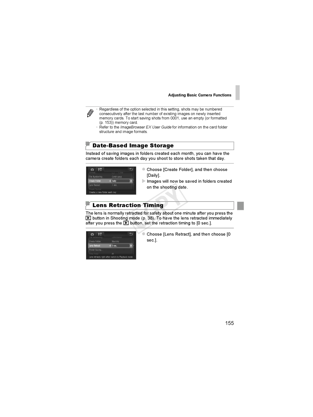 Canon 6051B001, 6048B001 Date-Based Image Storage, Lens Retraction Timing, 155, Choose Lens Retract, and then choose 0 sec 