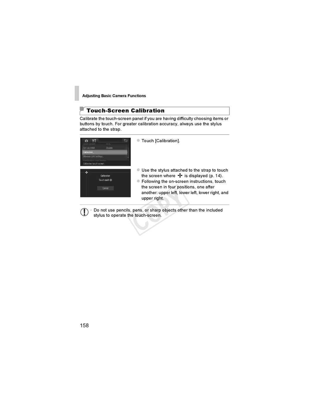 Canon 6048B001, 6051B001 manual Touch-Screen Calibration, 158 