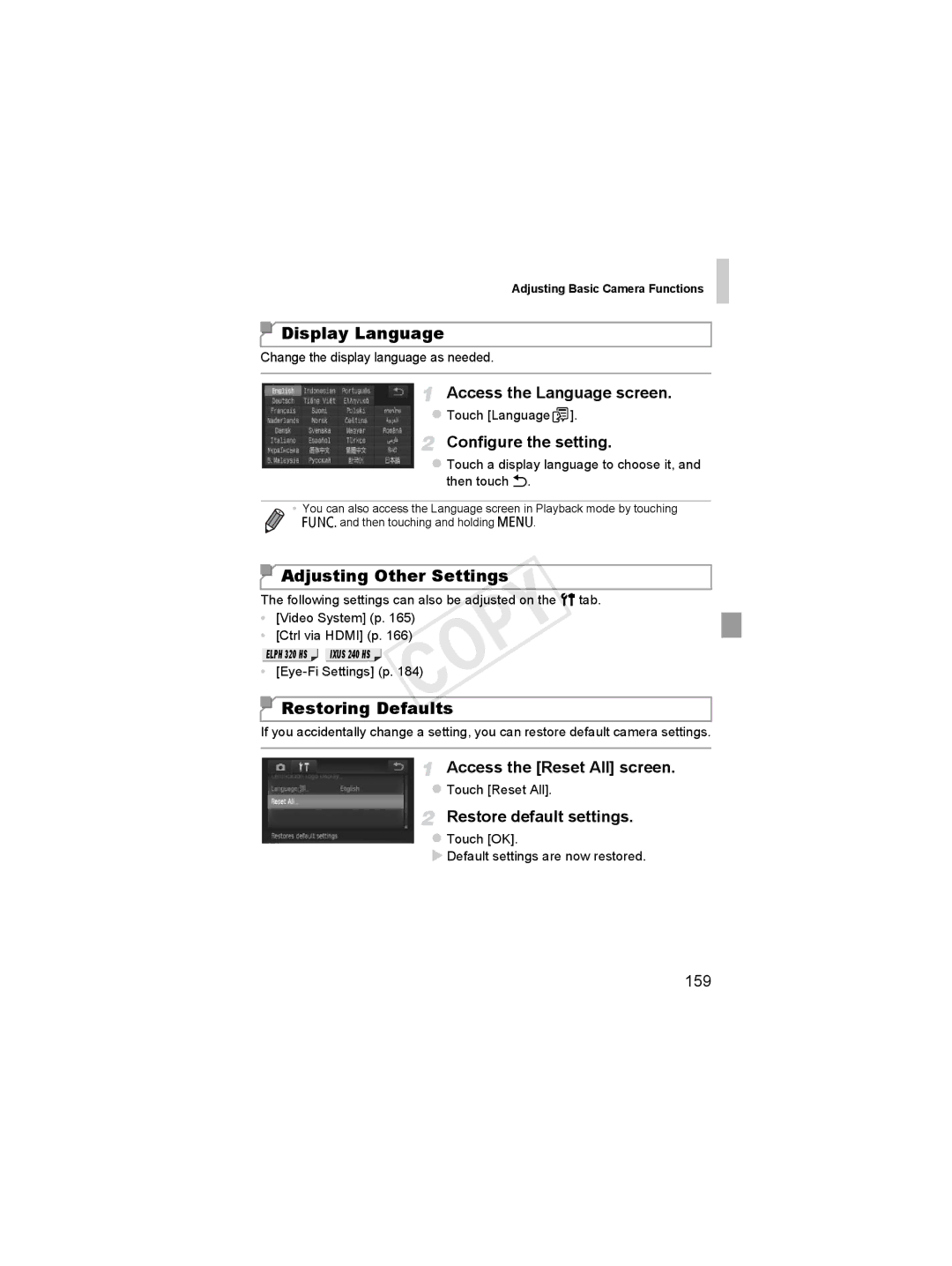 Canon 6051B001 manual Adjusting Other Settings, Restoring Defaults, Access the Language screen, Access the Reset All screen 