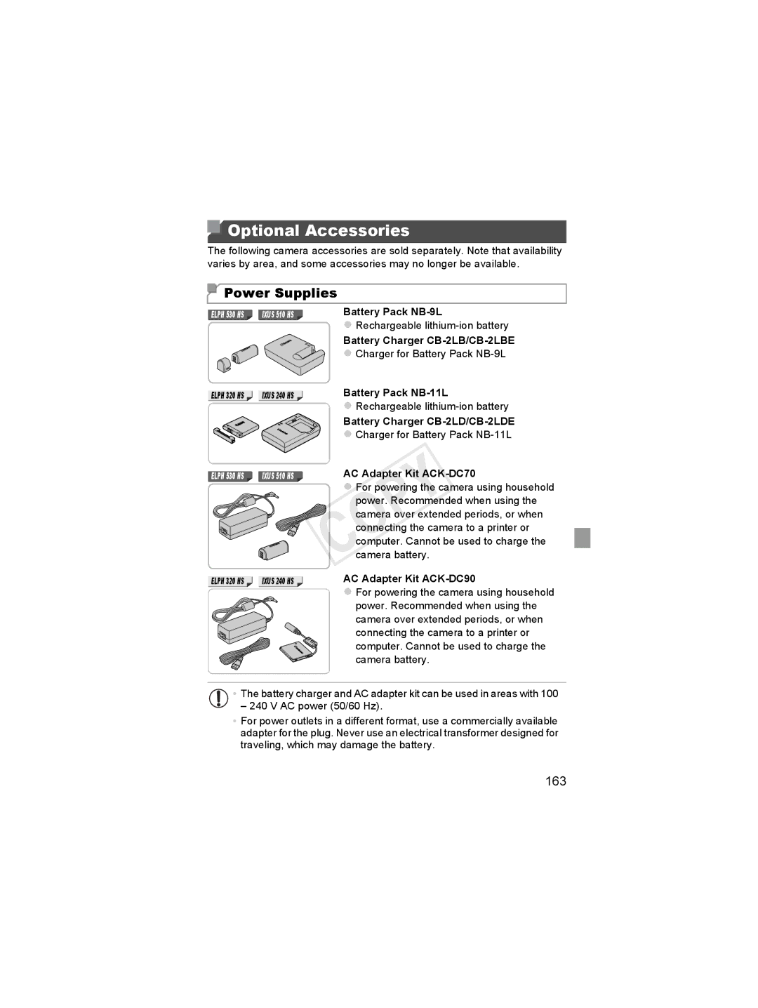 Canon 6051B001, 6048B001 manual Optional Accessories, Power Supplies, 163 
