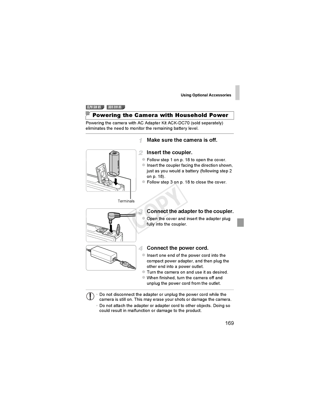 Canon 6051B001, 6048B001 Powering the Camera with Household Power, Make sure the camera is off Insert the coupler, 169 