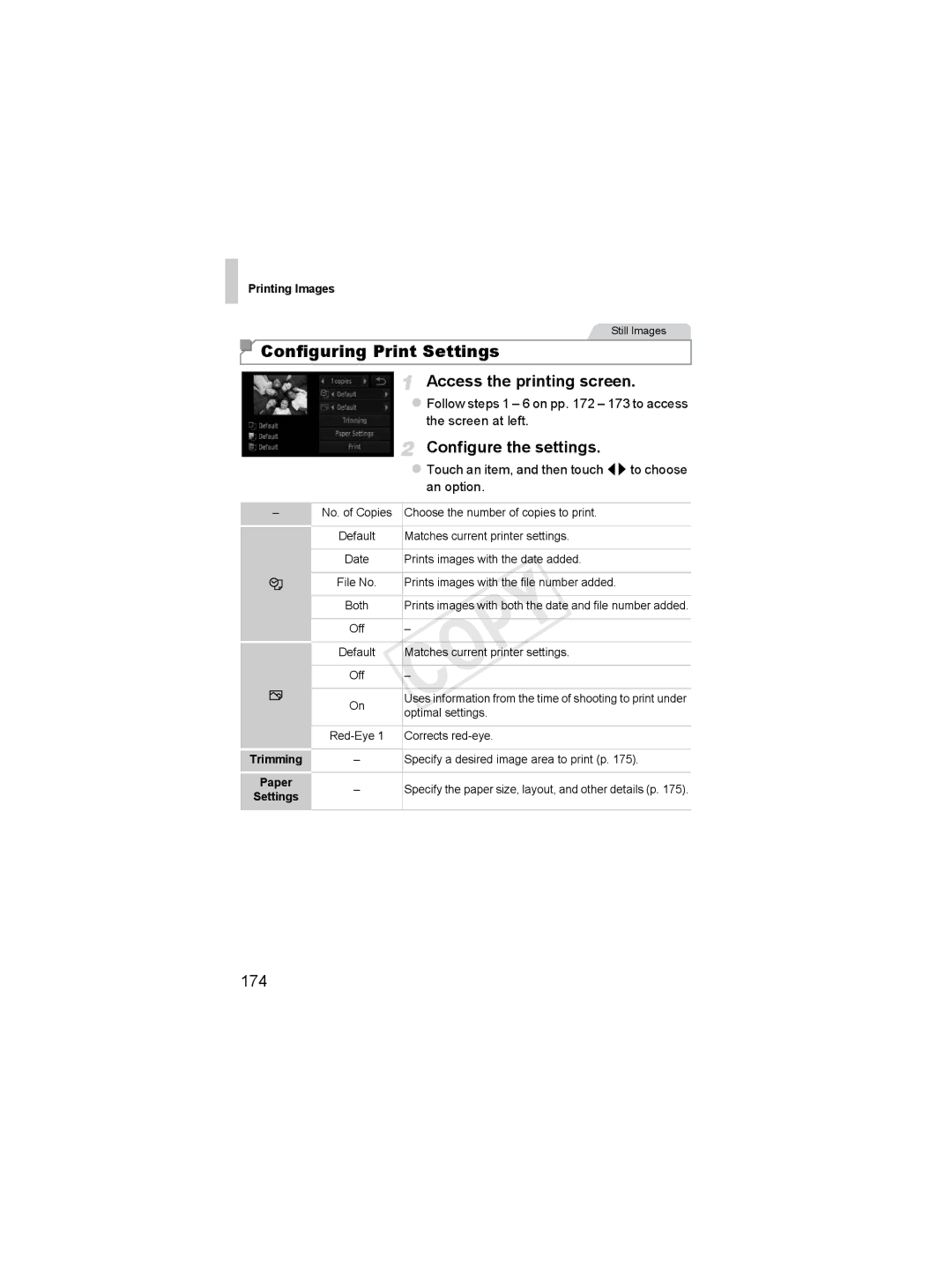 Canon 6048B001, 6051B001 manual Configuring Print Settings, 174, Follow steps 1 6 on pp 173 to access the screen at left 