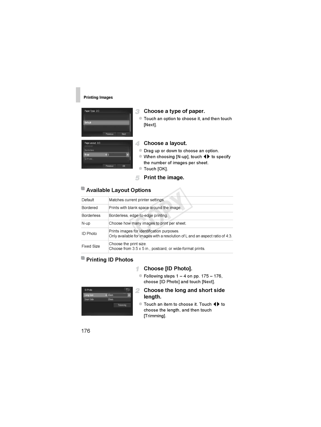 Canon 6048B001 manual Choose a type of paper, Choose a layout, Available Layout Options, Printing ID Photos Choose ID Photo 