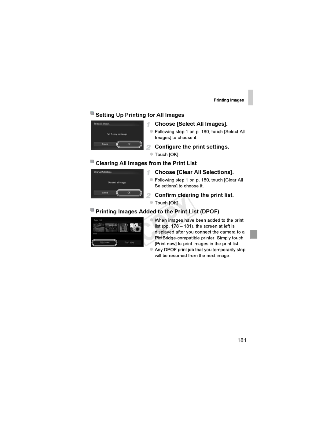 Canon 6051B001, 6048B001 Setting Up Printing for All Images Choose Select All Images, Configure the print settings, 181 