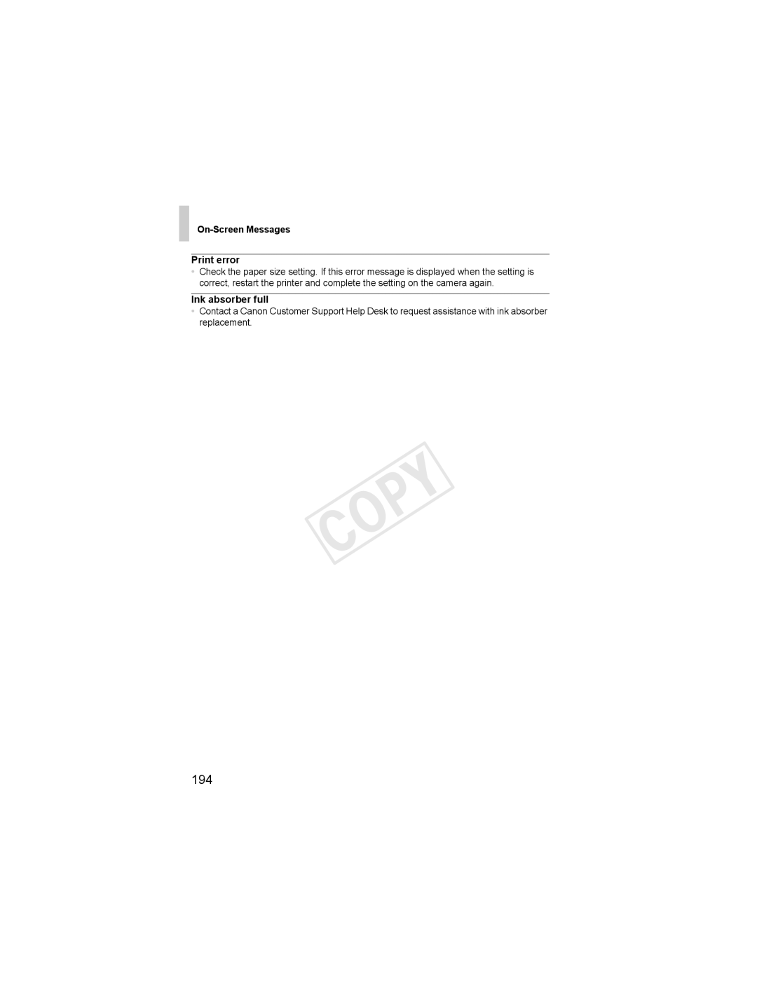 Canon 6048B001, 6051B001 manual 194, On-Screen Messages Print error, Ink absorber full 