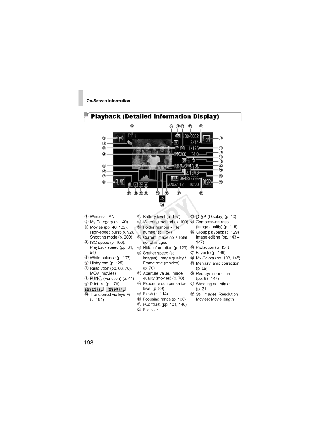 Canon 6048B001, 6051B001 manual Playback Detailed Information Display, 198 