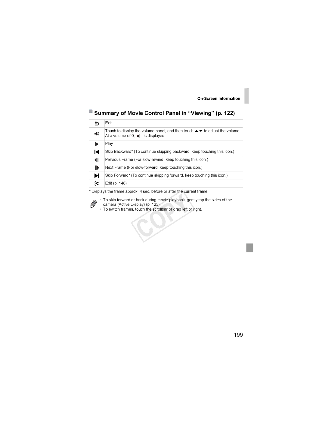 Canon 6051B001, 6048B001 manual Summary of Movie Control Panel in Viewing p, 199 