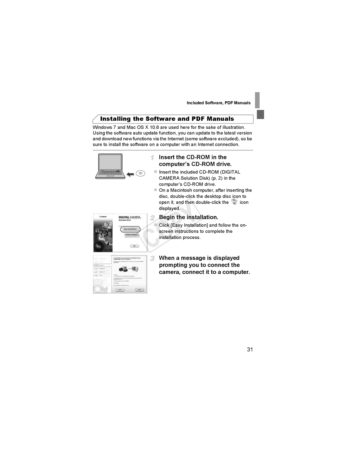 Canon 6051B001, 6048B001 manual Insert the CD-ROM in the computer’s CD-ROM drive, Begin the installation 