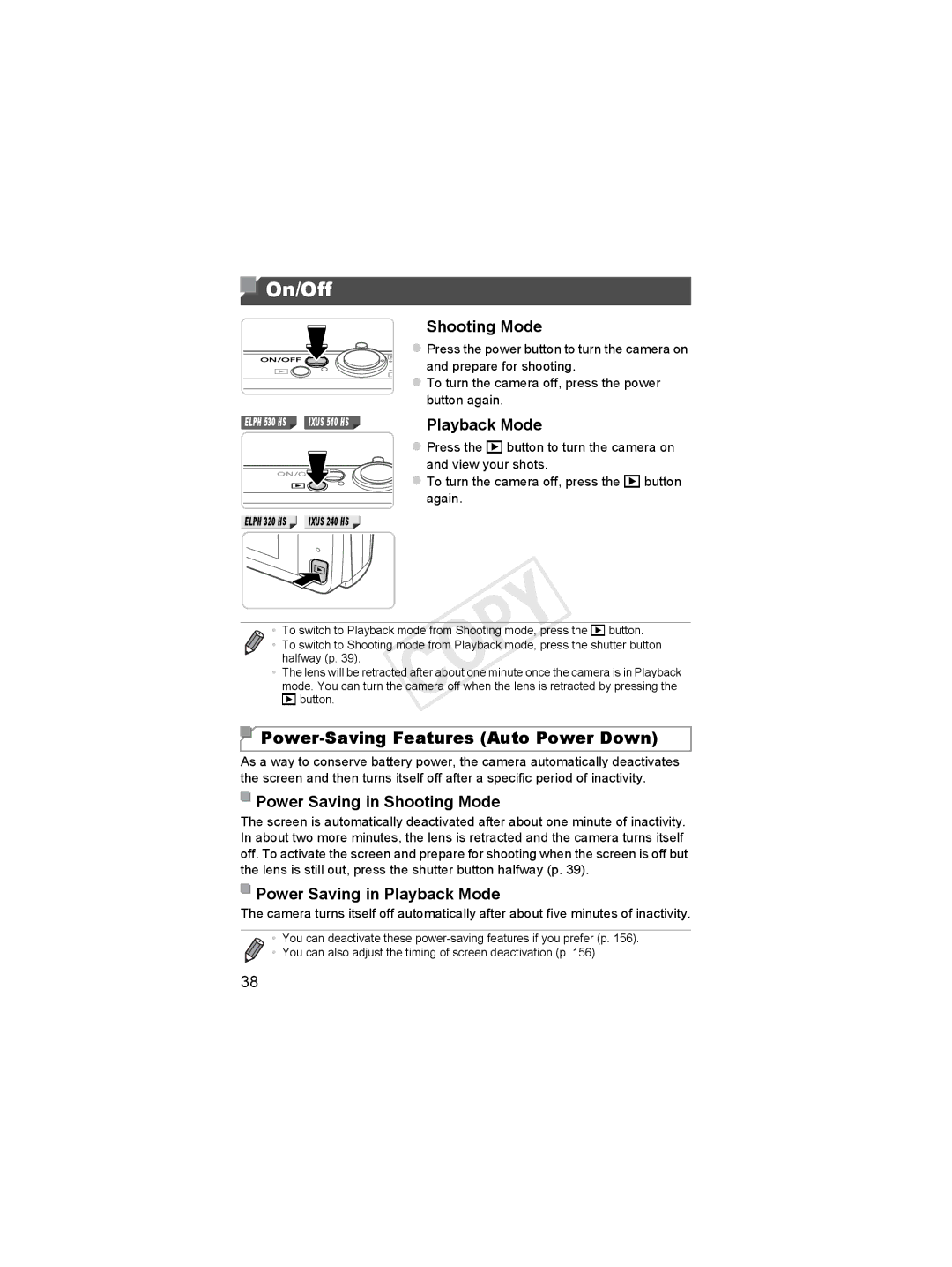 Canon 6048B001, 6051B001 manual On/Off, Power-Saving Features Auto Power Down 