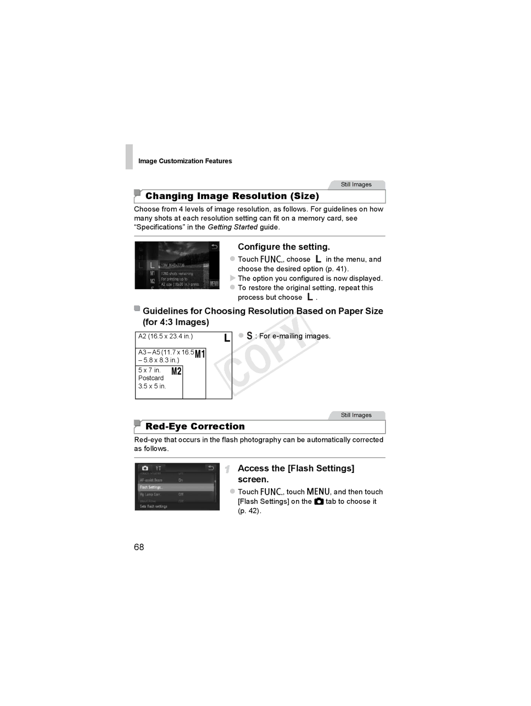 Canon 6048B001 Changing Image Resolution Size, Red-Eye Correction, Access the Flash Settings screen, Process but choose 