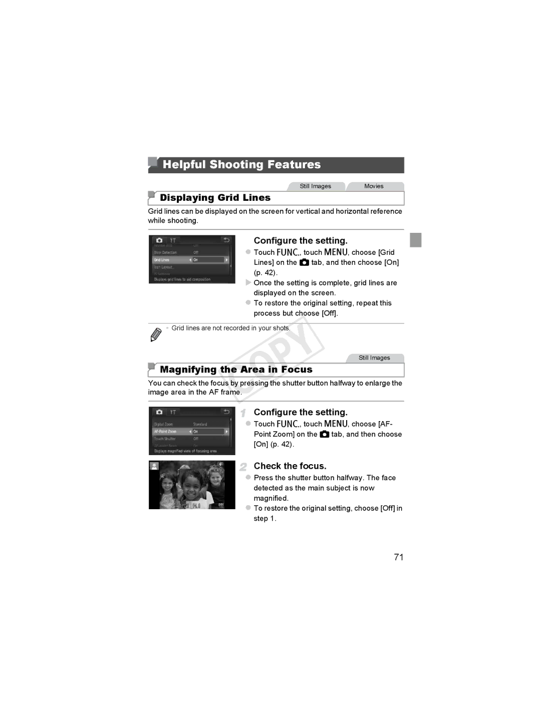 Canon 6051B001, 6048B001 Helpful Shooting Features, Displaying Grid Lines, Magnifying the Area in Focus, Check the focus 