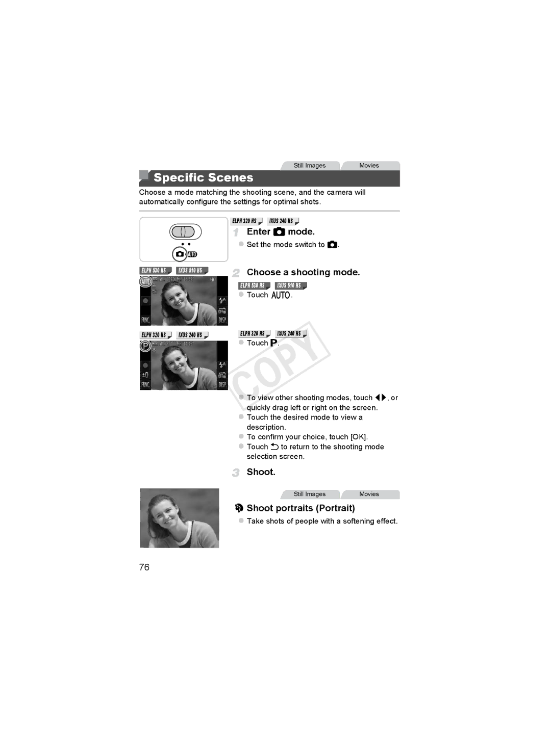 Canon 6048B001, 6051B001 manual Specific Scenes, Enter 4 mode, Choose a shooting mode, Shoot portraits Portrait 