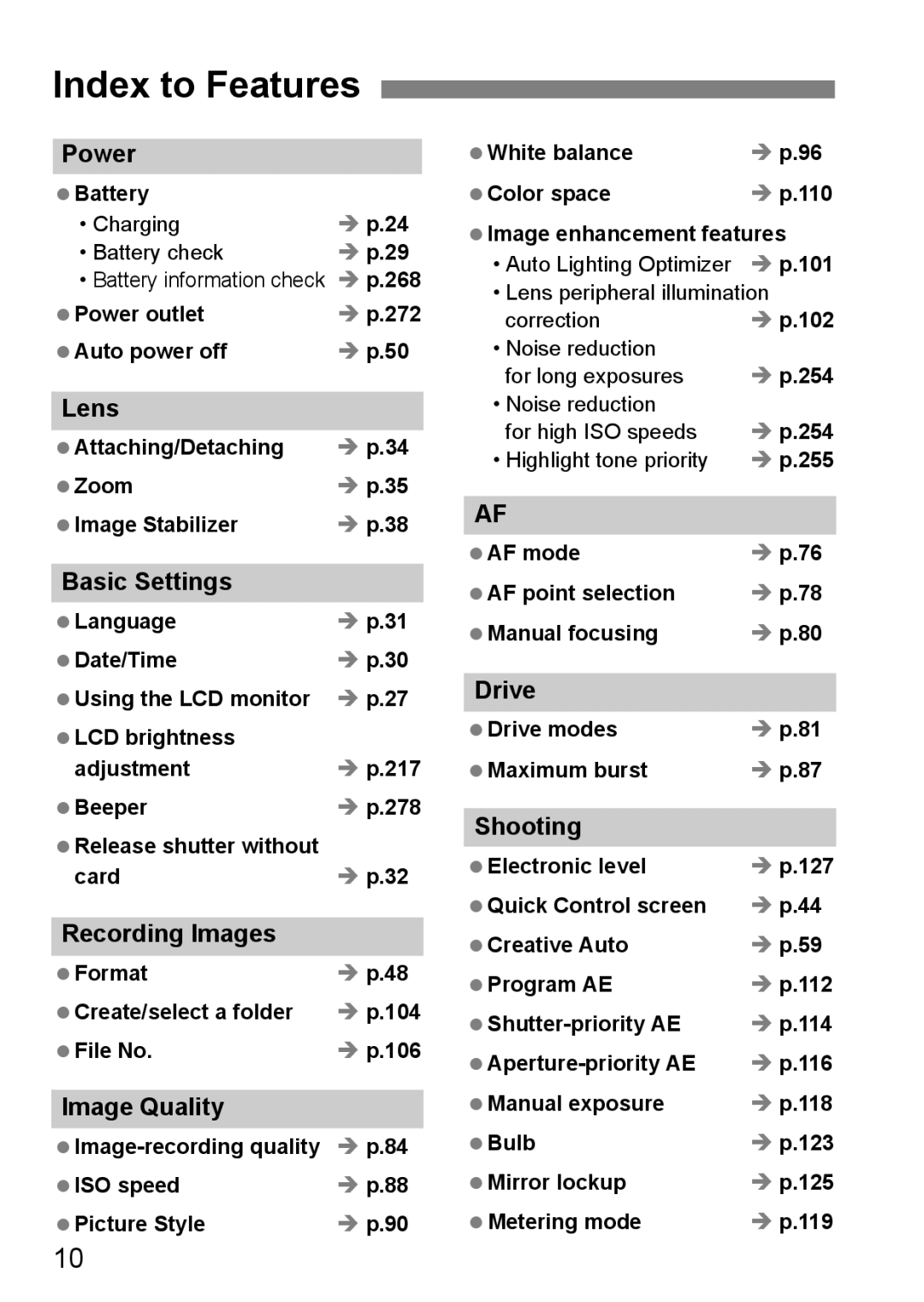 Canon 60D instruction manual Index to Features 