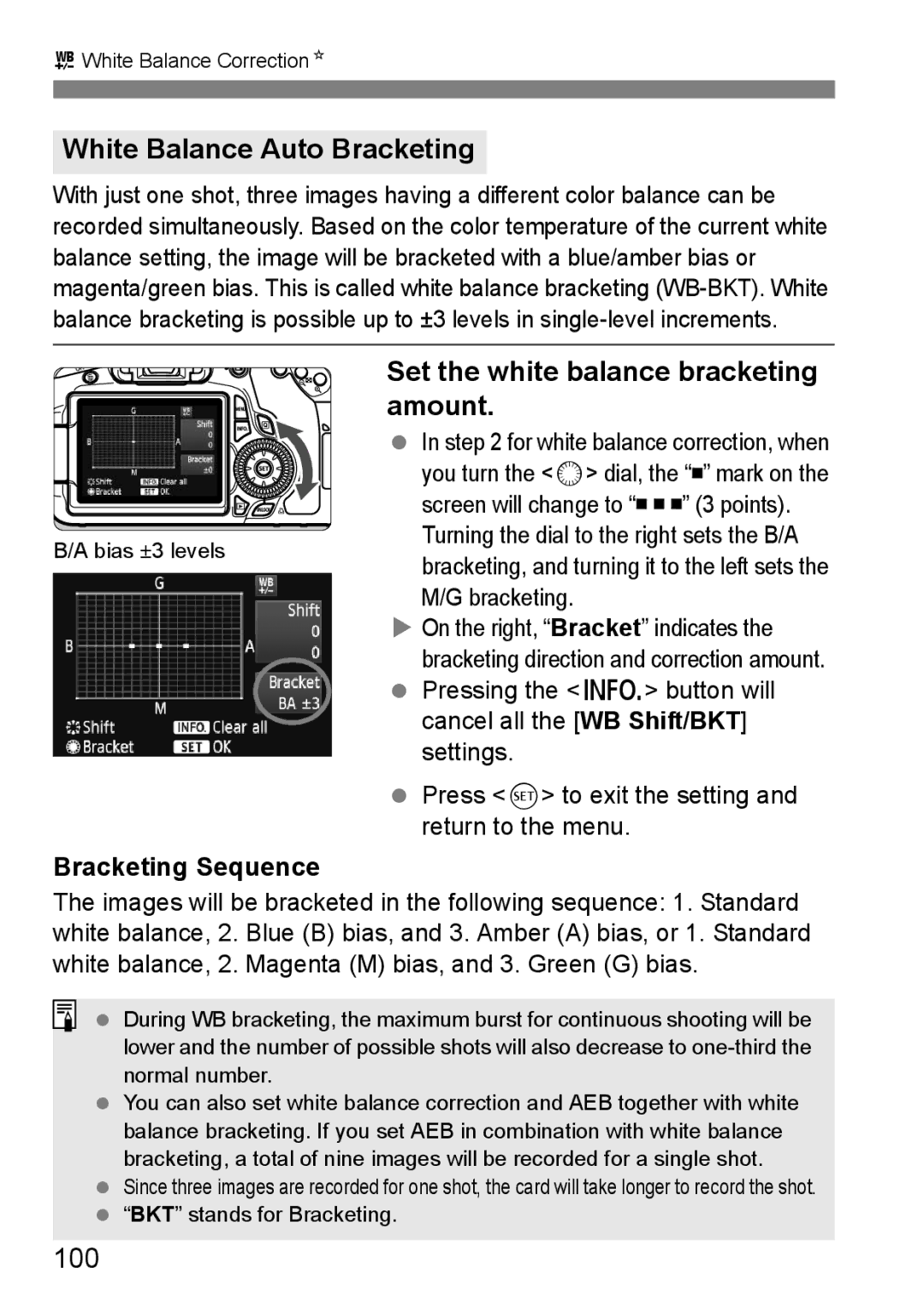 Canon 60D White Balance Auto Bracketing, Set the white balance bracketing amount, 100, Bracketing Sequence 