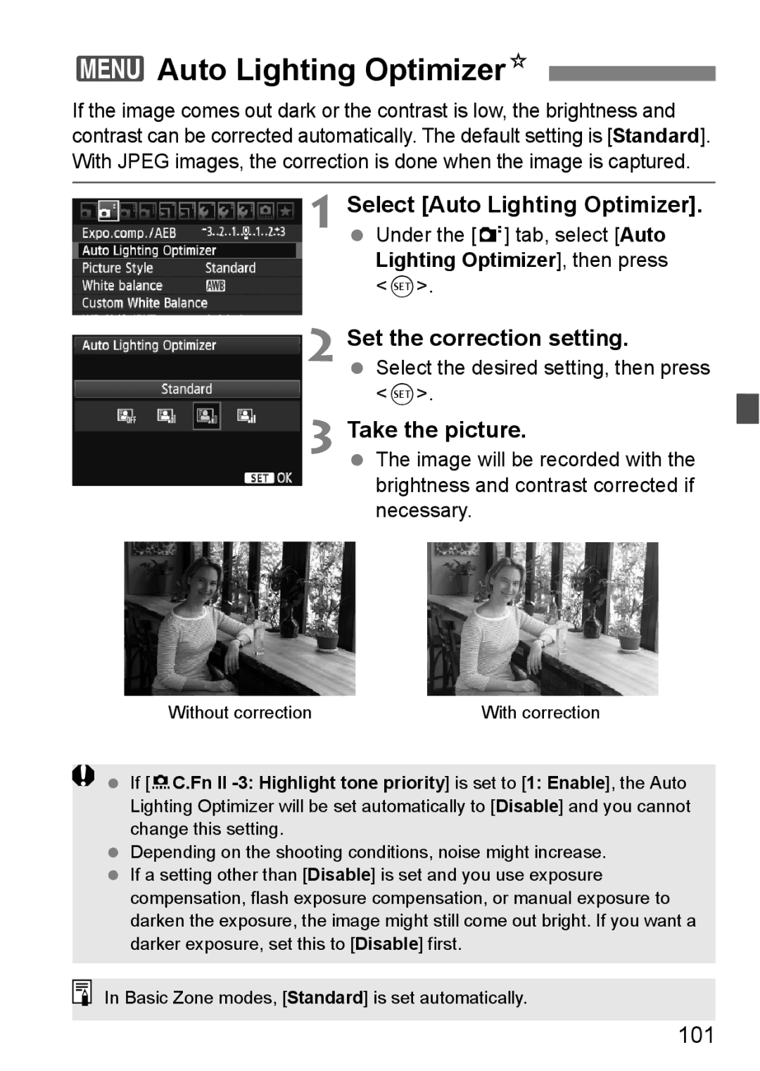 Canon 60D instruction manual 3Auto Lighting OptimizerN, Set the correction setting, 101 