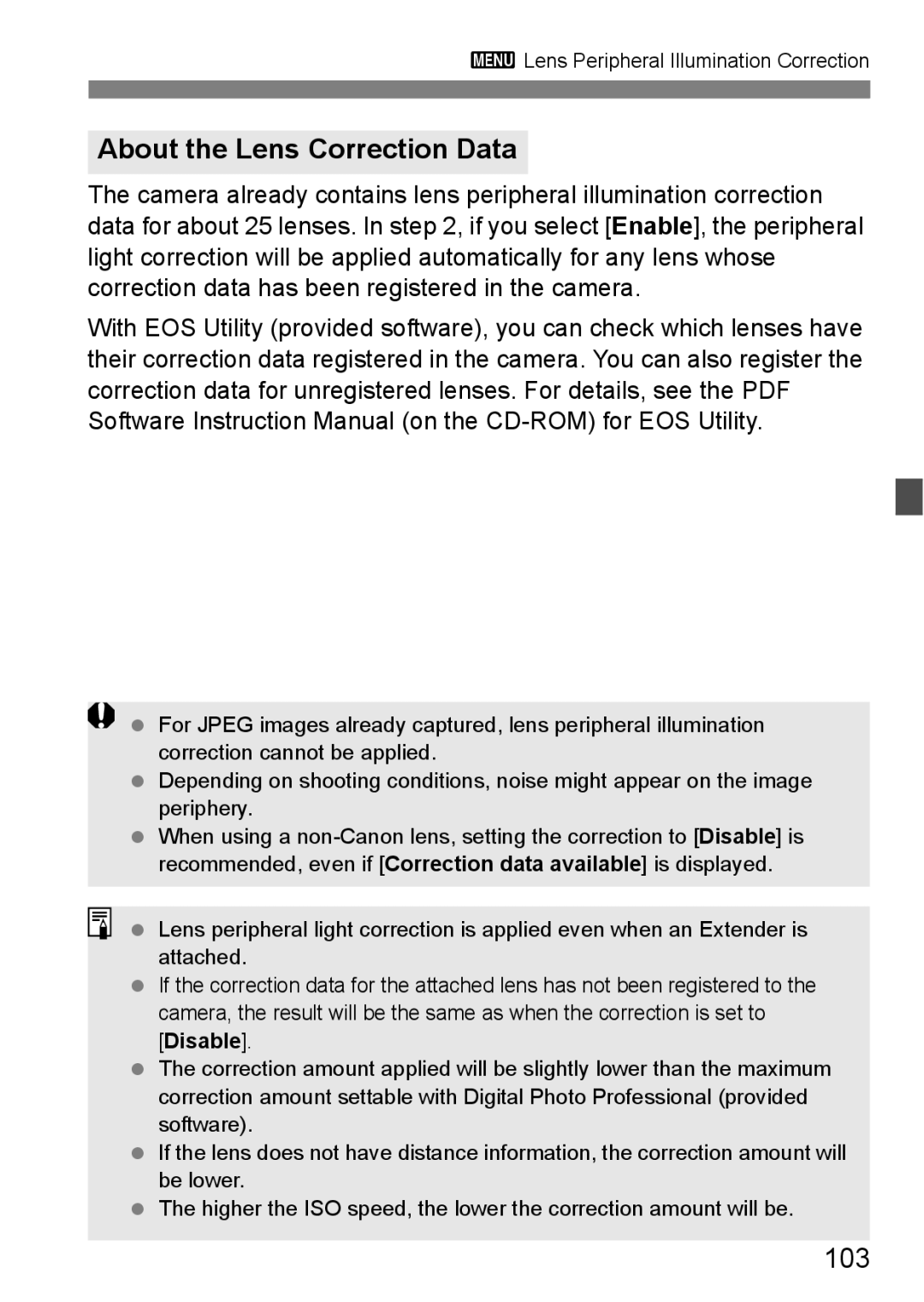 Canon 60D instruction manual About the Lens Correction Data, 103 