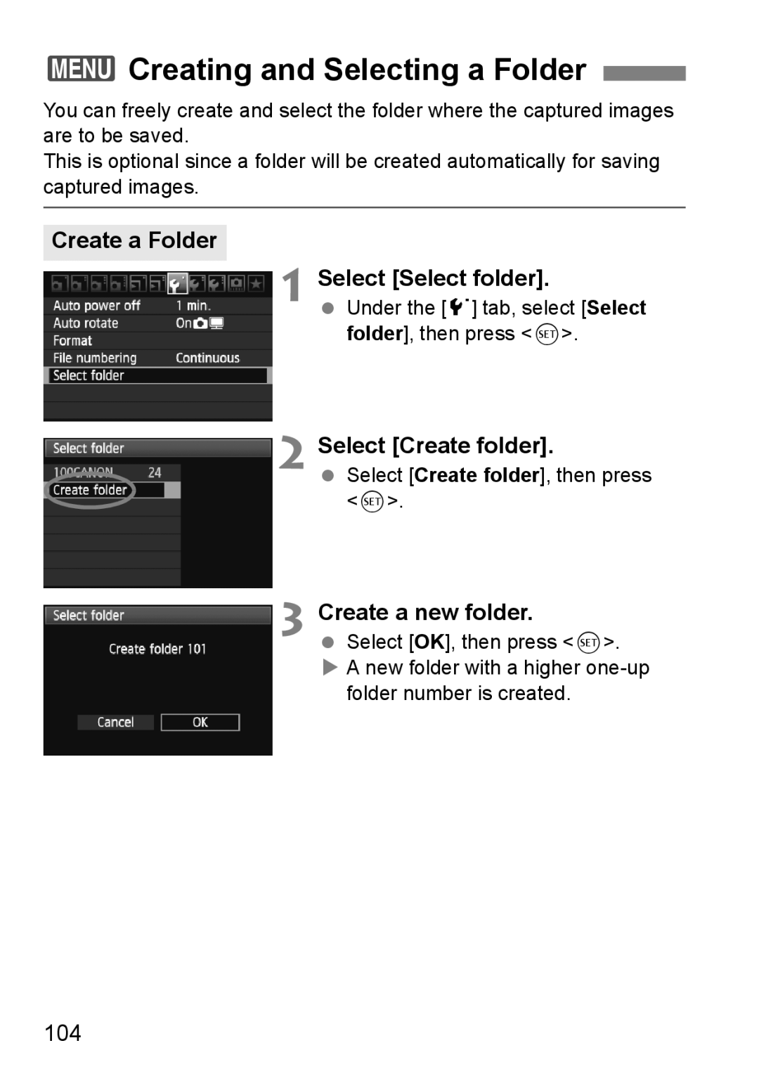 Canon 60D 3Creating and Selecting a Folder, Create a Folder Select Select folder, Select Create folder, 104 