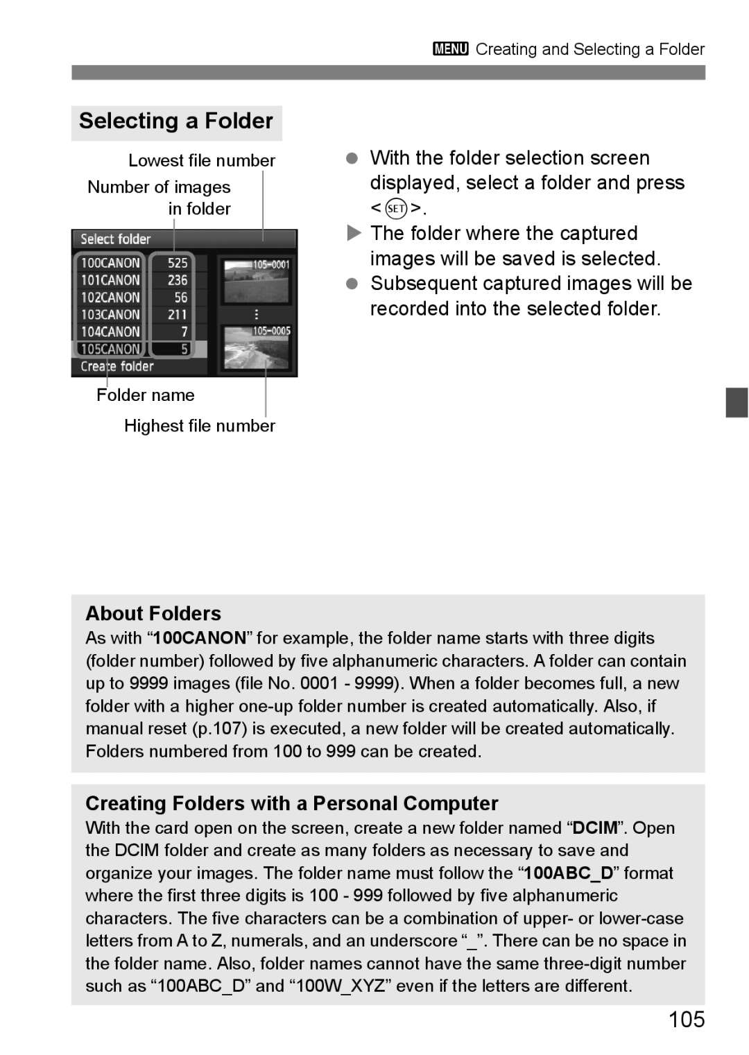 Canon 60D instruction manual Selecting a Folder, 105, About Folders, Creating Folders with a Personal Computer 