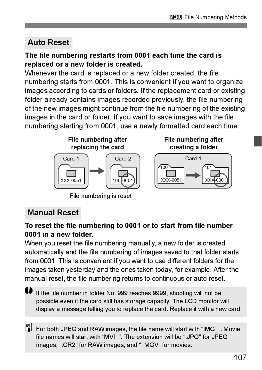 Canon 60D instruction manual Auto Reset, Manual Reset, 107 